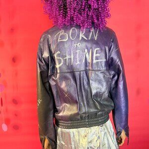 Upcycled Vintage Leather Bomber Jacket with Hand-Painted Stars & Affirmations